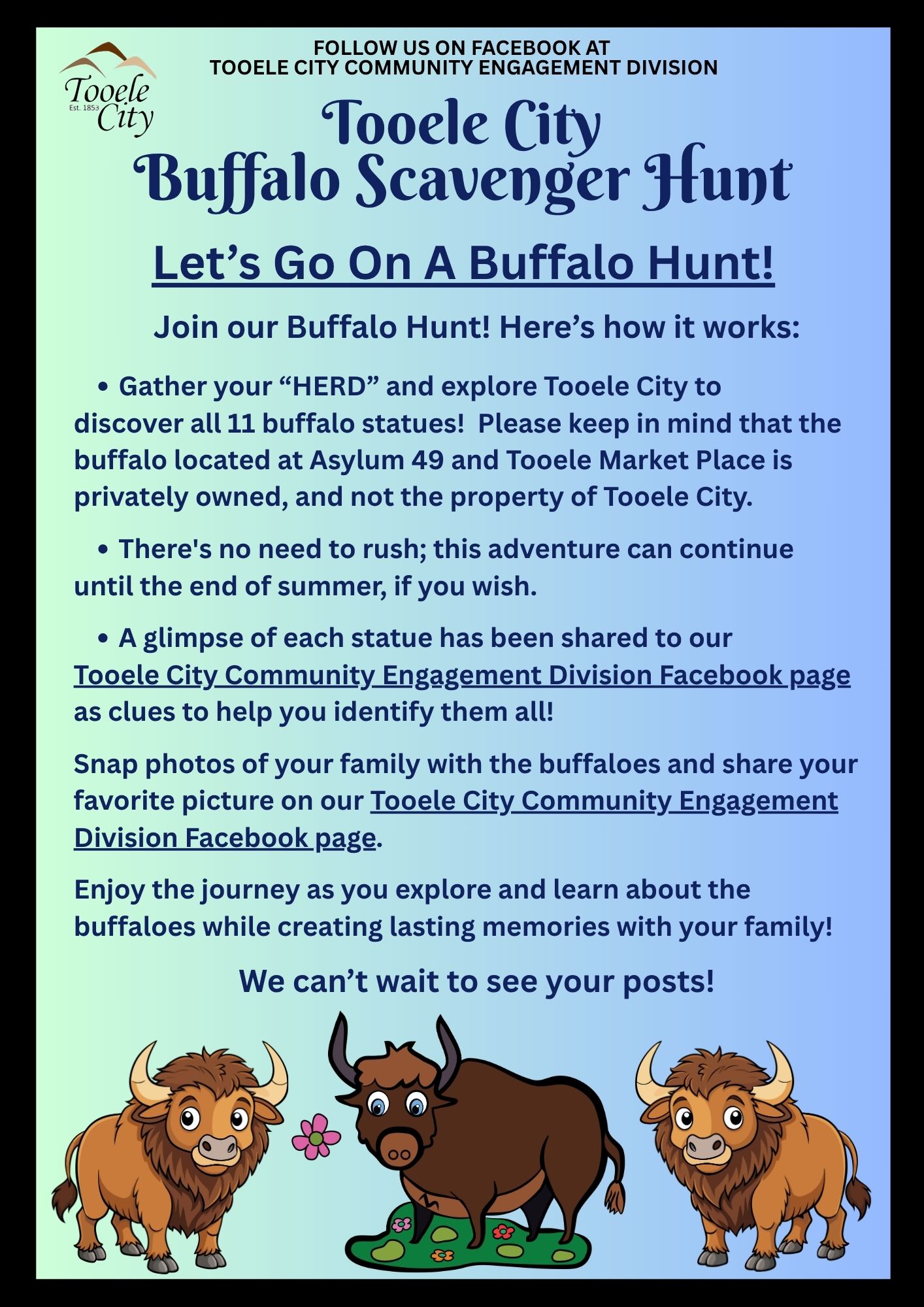 Blue flyer with buffalo clip art on it for the buffalo scavenger hunt instructions. 